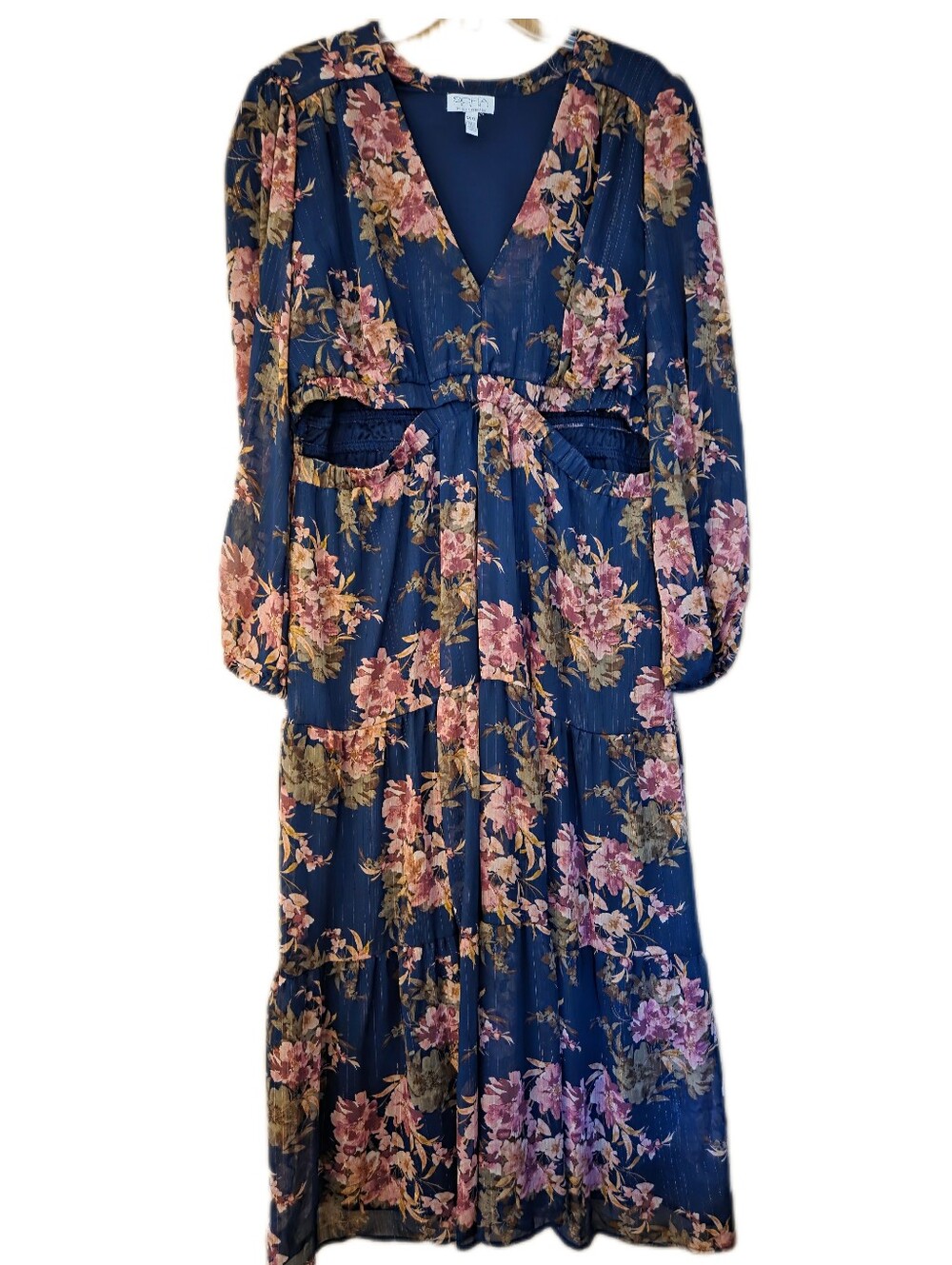 Sofia Vergara Navy Floral Tiered Maxi Dress Boho Fall Cutouts Plus Size XXXL